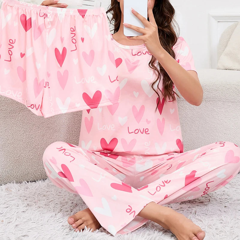 Women's 3 Piece Short Sleeve Crew Neck Top With Shorts And Pants Loungewear Sleepwear Lounge Sets Nighty Print Casual Pajama Set