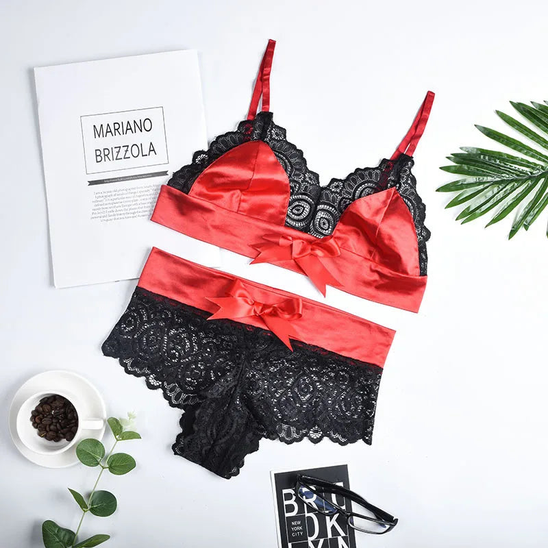 2 Piece Set Sexy Lingerie Set for Women Lace Patchwork Mesh Bow Three-point Strap Bra See-through Underwear Set New