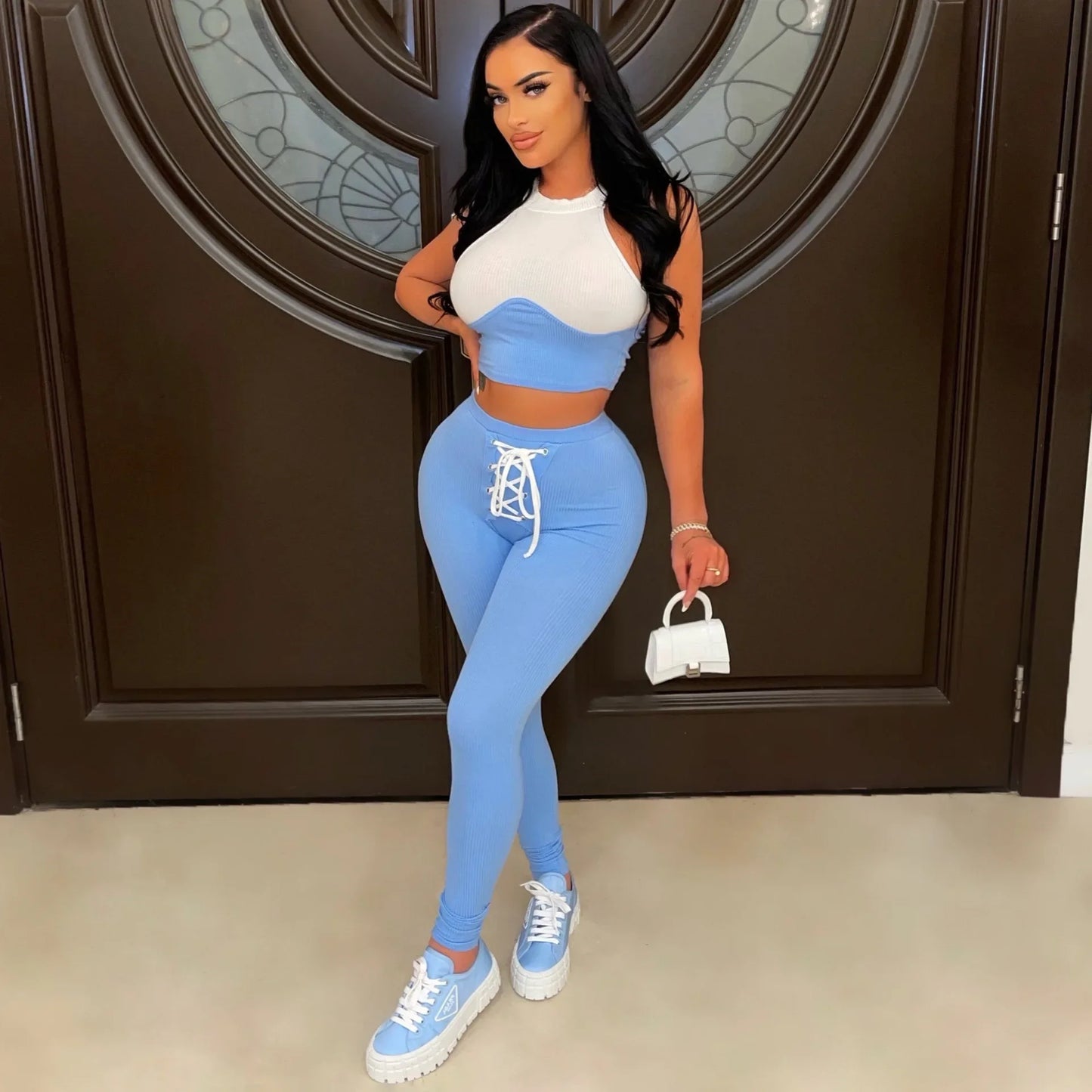 Elegant Knit Women's Set Patchwork Tank Top and Lace Up Shorts Tracksuit Two 2 Piece Set Fitness Outfit Sweatsuit