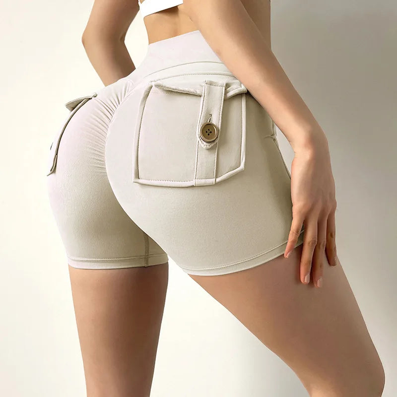 Women Pocket Yoga Shorts Fitness High Waist Short Gym Workout Tights Sports Quick Dry SEXY Butt Leggings Nylon Fabric