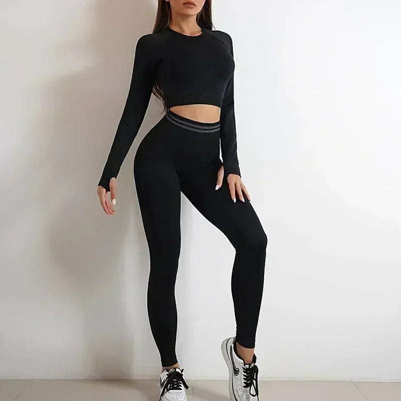 Seamless Yoga Sets Sports Fitness High Waist Hip Raise Pants Long-Sleeved Backless Suit Workout Clothes Gym Shorts Set for Women