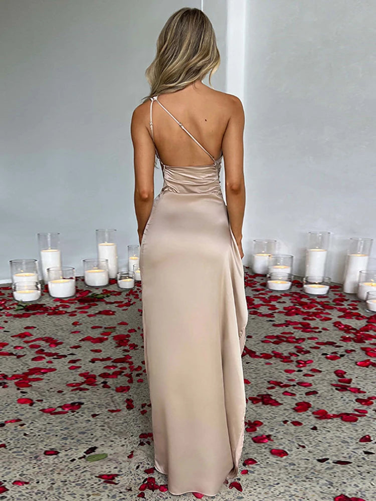 Summer sexy one shoulder satin long dress for women sleeveless backless high slit party evening dresses elegant cocktail dress