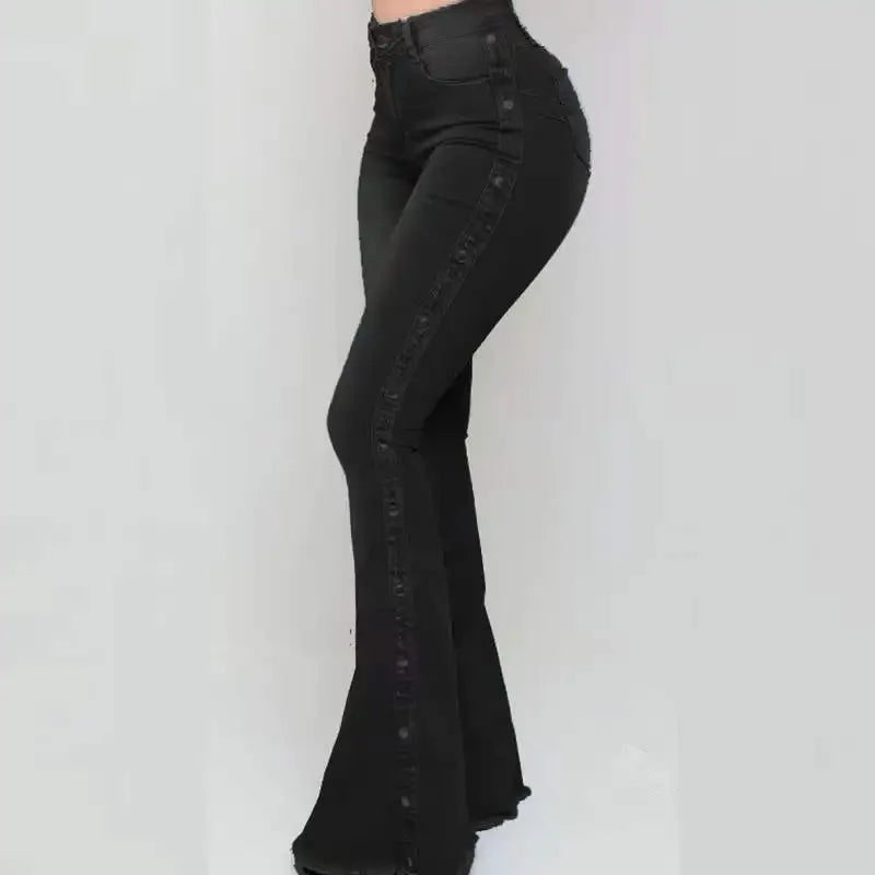 Jeans High Waist Stretch Denim Flare Pants Women Vintage Trousers Buttons Denims Streetwear 2024 Autumn Female Floor Length