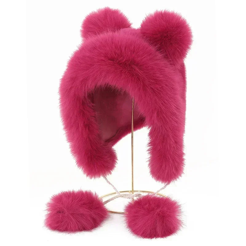 Women Cute Bear Ear Kawaii Fox Fur Hat Imitation Mink Plush Winter Warm Thickened