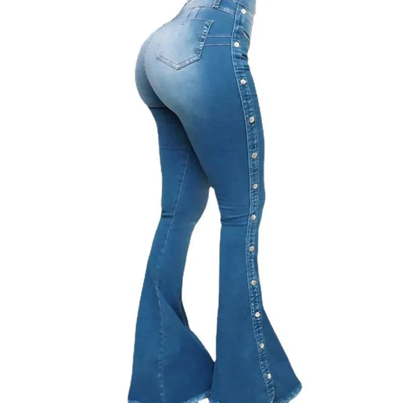 Jeans High Waist Stretch Denim Flare Pants Women Vintage Trousers Buttons Denims Streetwear 2024 Autumn Female Floor Length