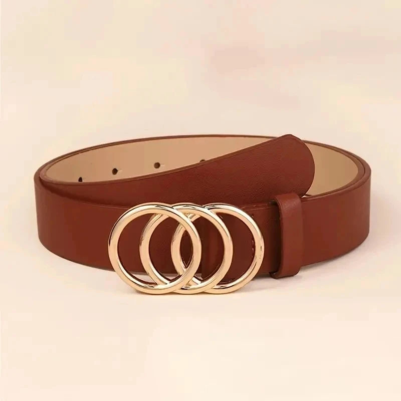 1pc Women Belt Trend Triple Round Buckle Belt Simple Versatile Youth Belt PU Leather Belt Combined With Jeans Dress Women's Belts