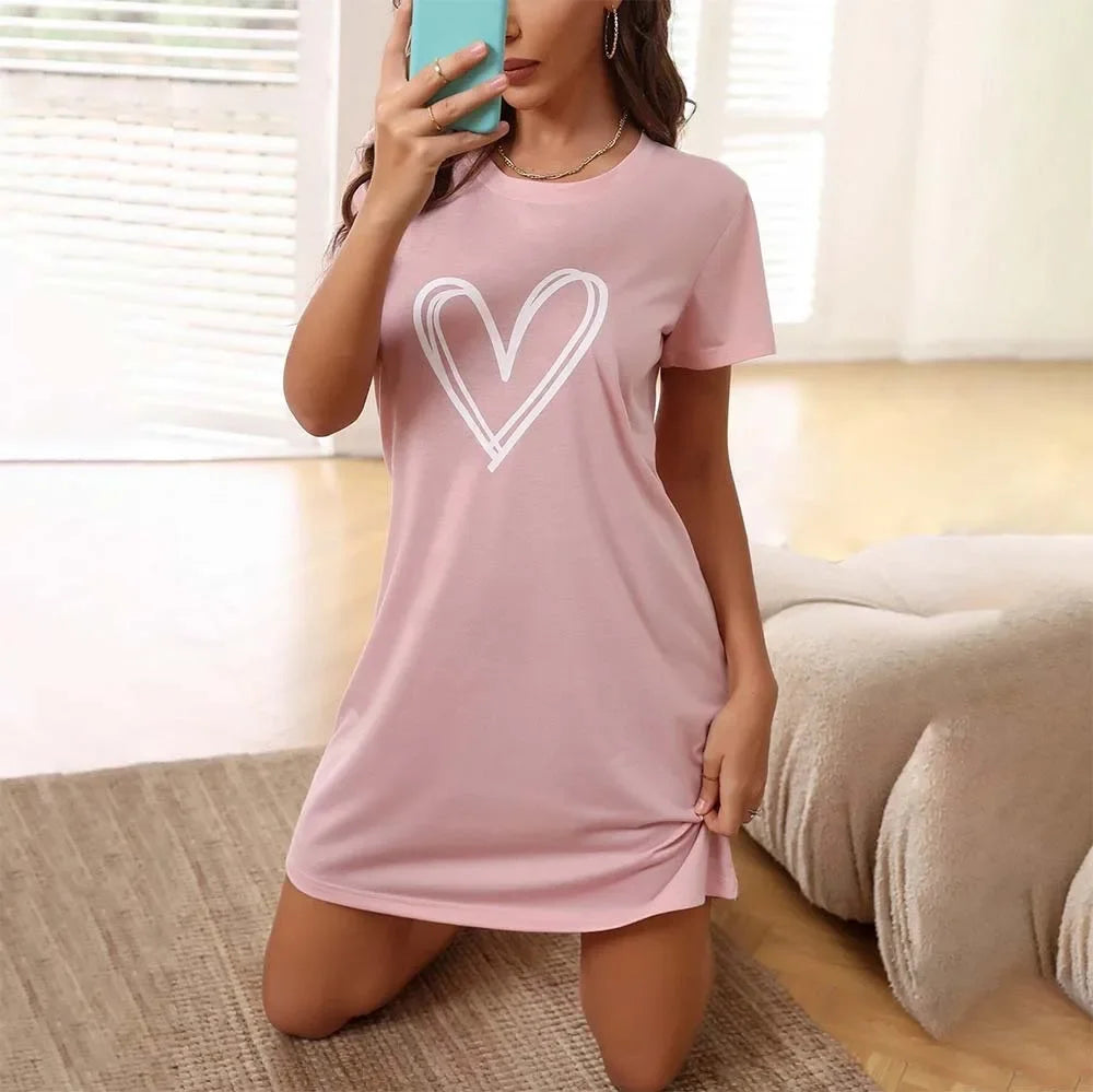 Women's Sexy Nightgown Love Print Short-sleeved Comfortable Pajamas Homewear