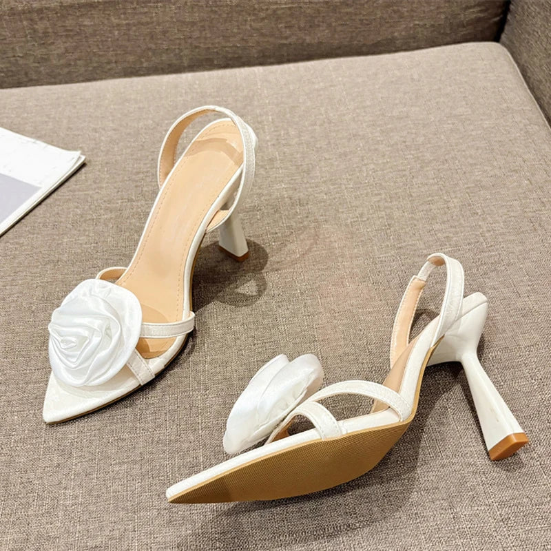 Summer Fashion Silk Rose Flowers Pointed Open Toe Back Strap Sandals Women Red High Heels Wedding Prom Shoes
