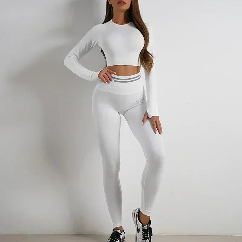 Seamless Yoga Sets Sports Fitness High Waist Hip Raise Pants Long-Sleeved Backless Suit Workout Clothes Gym Shorts Set for Women