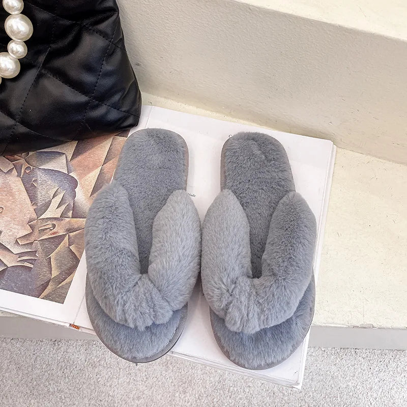 Winter Women House Slippers Faux Fur Warm Flat Shoes Female Slip Home Ladies Slippers Size 36-43