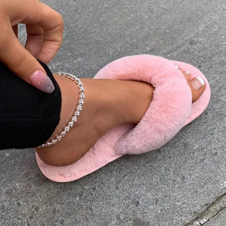 Winter Women House Slippers Faux Fur Warm Flat Shoes Female Slip Home Ladies Slippers Size 36-43