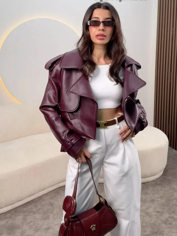 New Women Burgundy Lapel Leather Jackets Fashion Casual Loose Pockets Long Sleeve Coats Spring Female High Street Outerwear