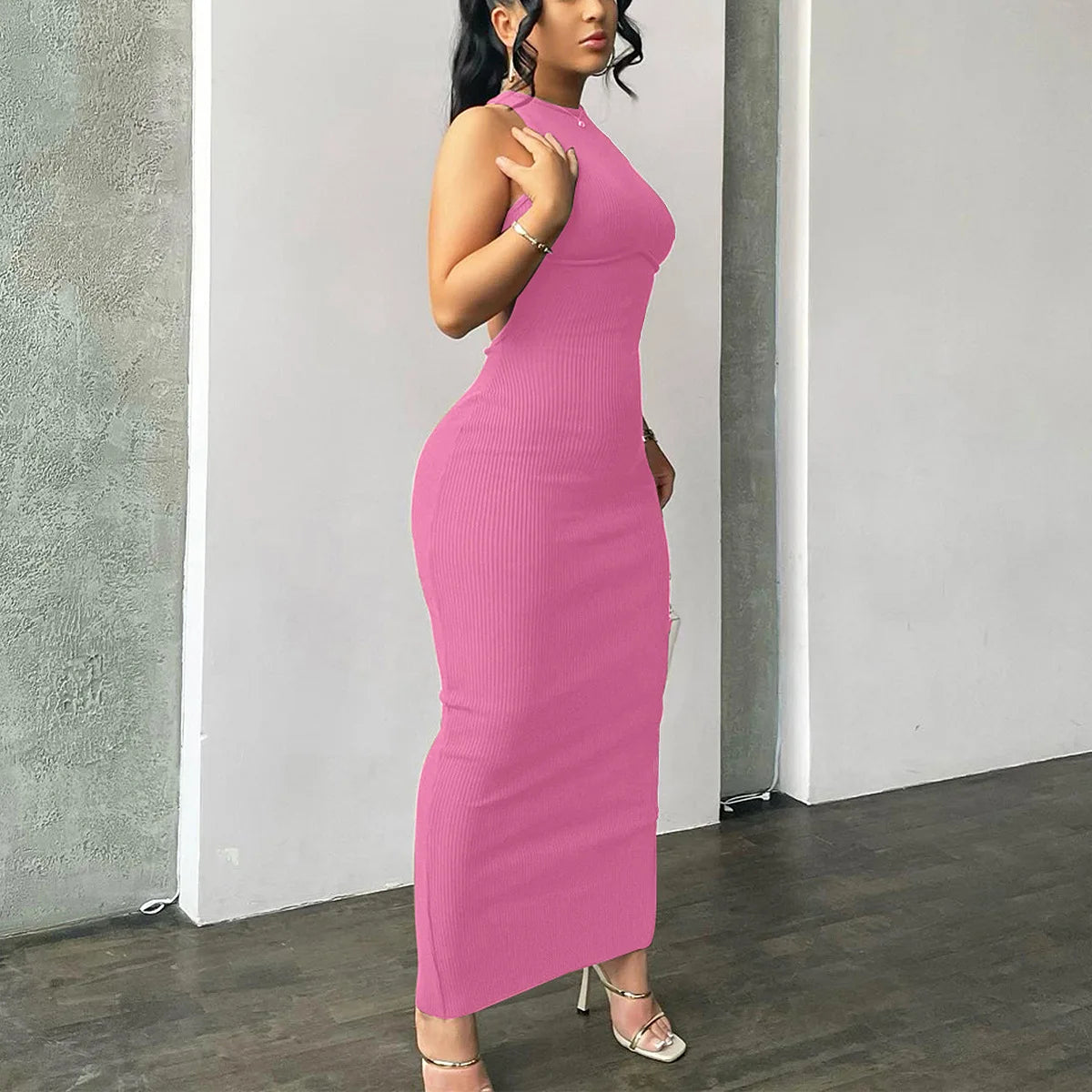 Ribbed Solid Hollow Out Backless Sleeveless Sexy Slit Mini Bodycon Dress 2025 Spring Women Outfits Elegant Party Y2K