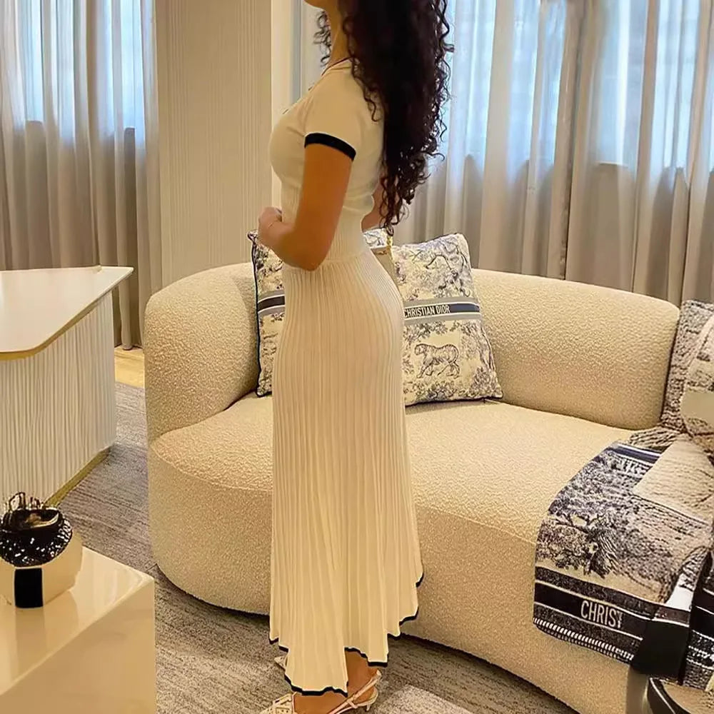 Summer Women White long Skirt Suit Short Sleeve V-neck crop top pleated set elegant dress 2 piece skirt set Plus Size S-3XL