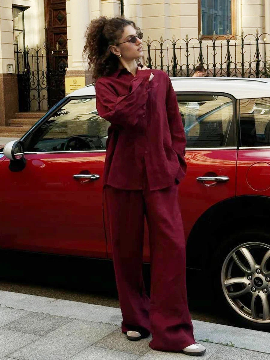 Women Casual Solid Cotton Linen Pants Sets Chic Lapel Single Breasted Long Sleeve Shirt Elasticity Waist Trousers New Two Piece Set