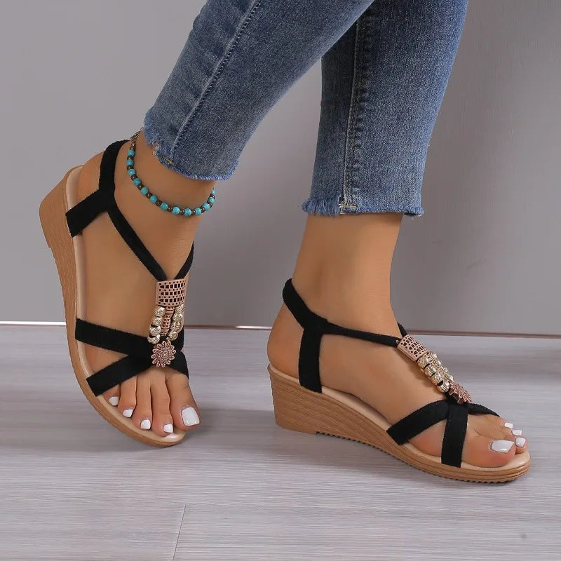 Women Solid Color Wedge Sandals New Ankle Buckle Non Slip Gladiator Shoes Woman Fashion Chunky Platform Sandals