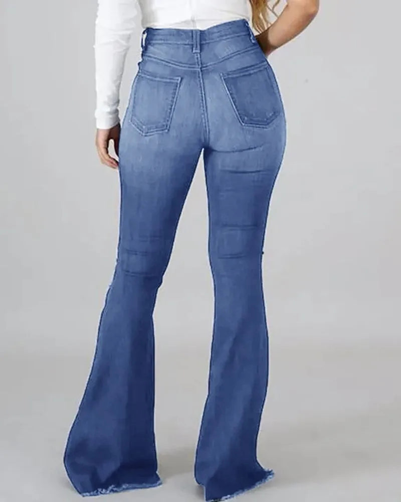New High Waist Ripped Flared Jeans For Women Fashion Stretch Slim Denim Pants Casual Female Clothing S-3XL