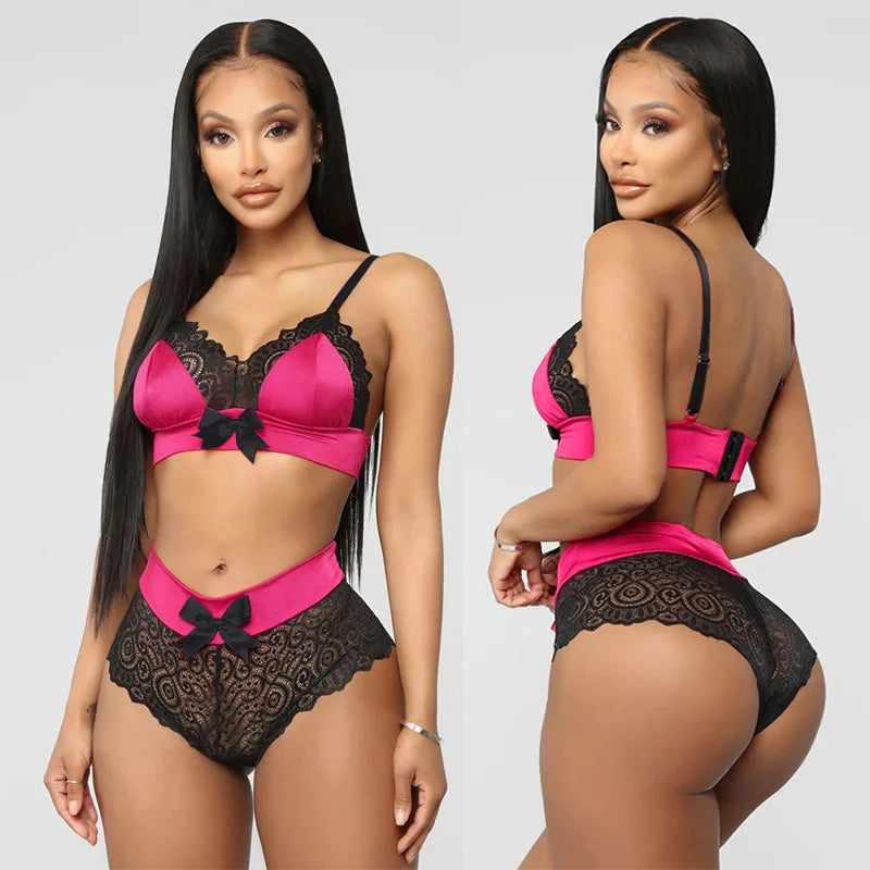 2 Piece Set Sexy Lingerie Set for Women Lace Patchwork Mesh Bow Three-point Strap Bra See-through Underwear Set New