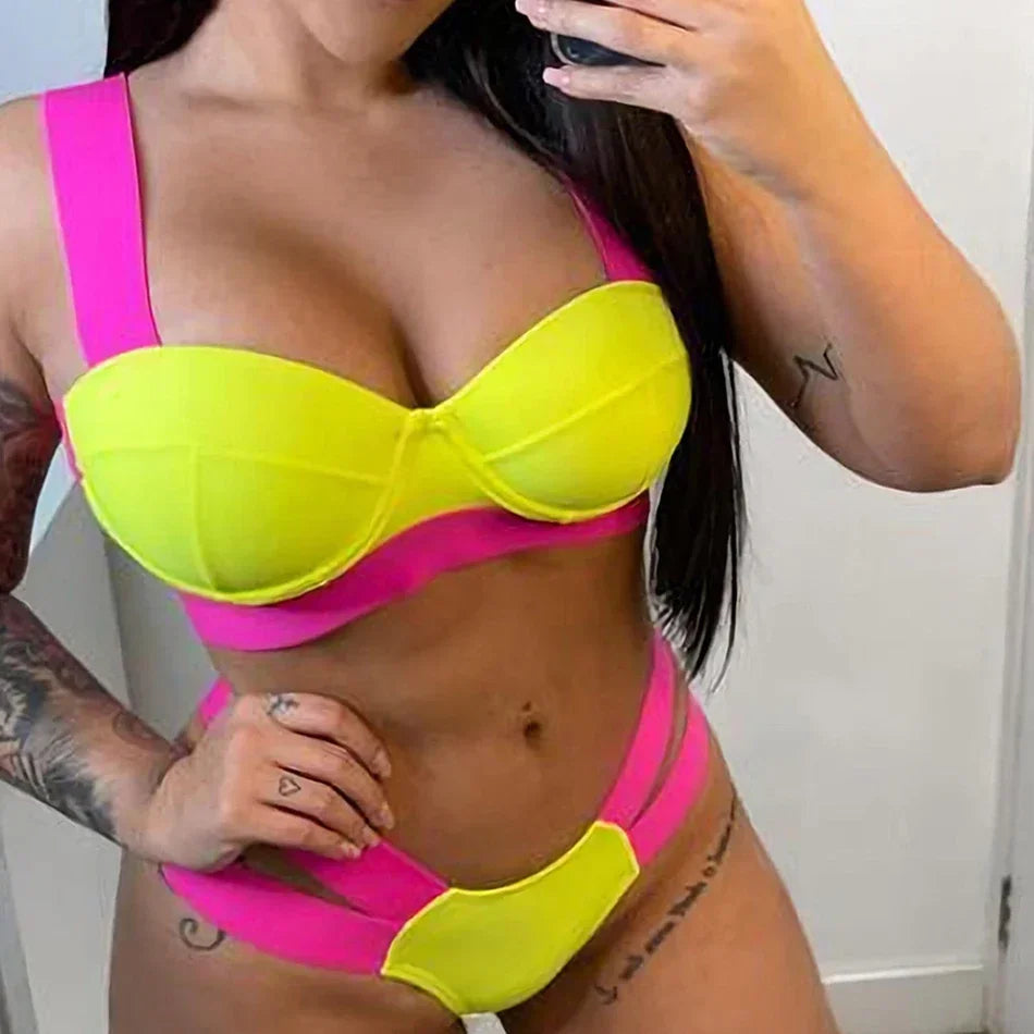 Sexy Push Up Bikini 2024 Women Swimsuit Thong Cut Out Neon Bandage Brazilian Swimwear Bathing Suit Swim Bikini Set