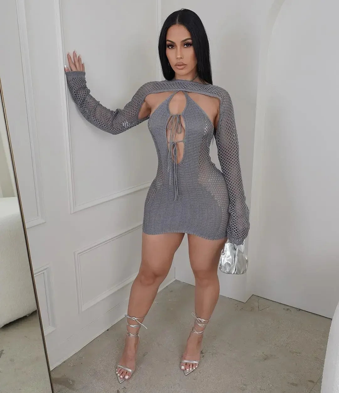 Women Halter Crochet Dress Two Piece Set Halter Neck Tied Dress with Cover Up