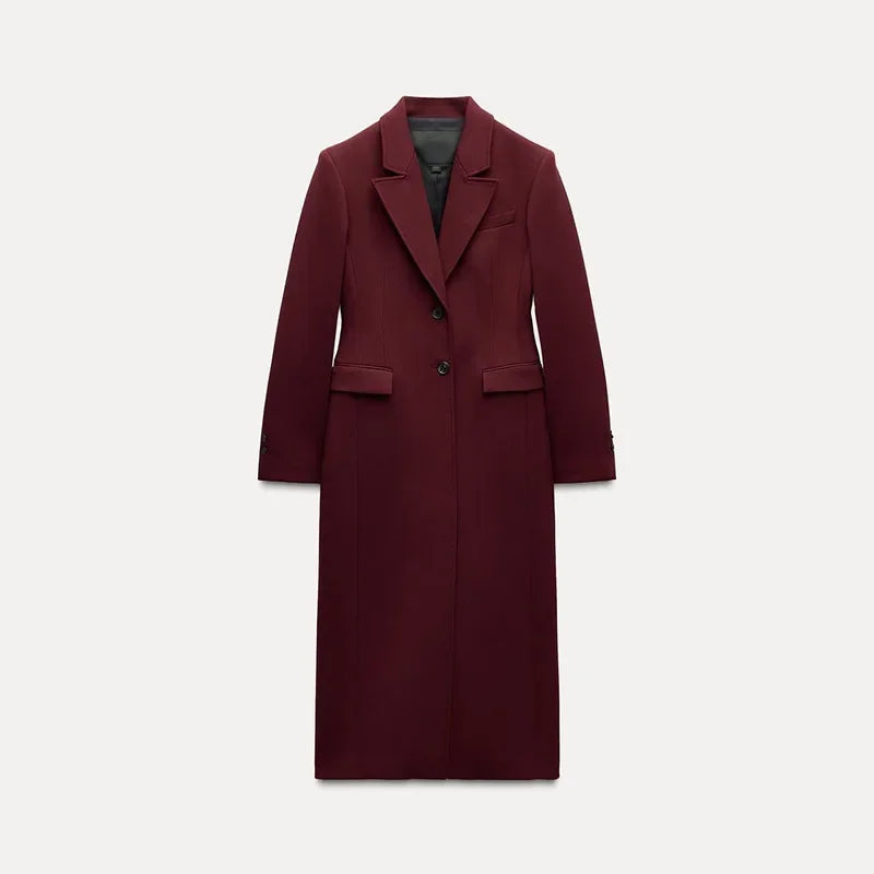 Burgundy Red Long Suit Coat Women Lapel One Button Full Sleeve Pocket Female Blazer Spring Autumn Lady Office Outwear