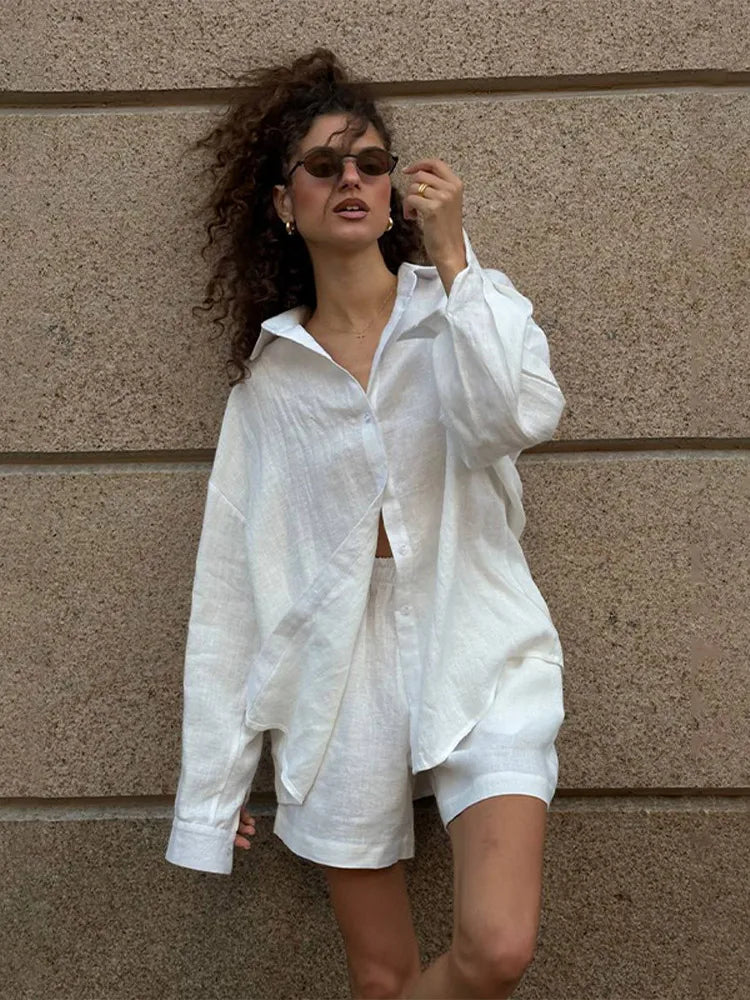 Women Casual Solid Cotton Linen Pants Sets Chic Lapel Single Breasted Long Sleeve Shirt Elasticity Waist Trousers New Two Piece Set