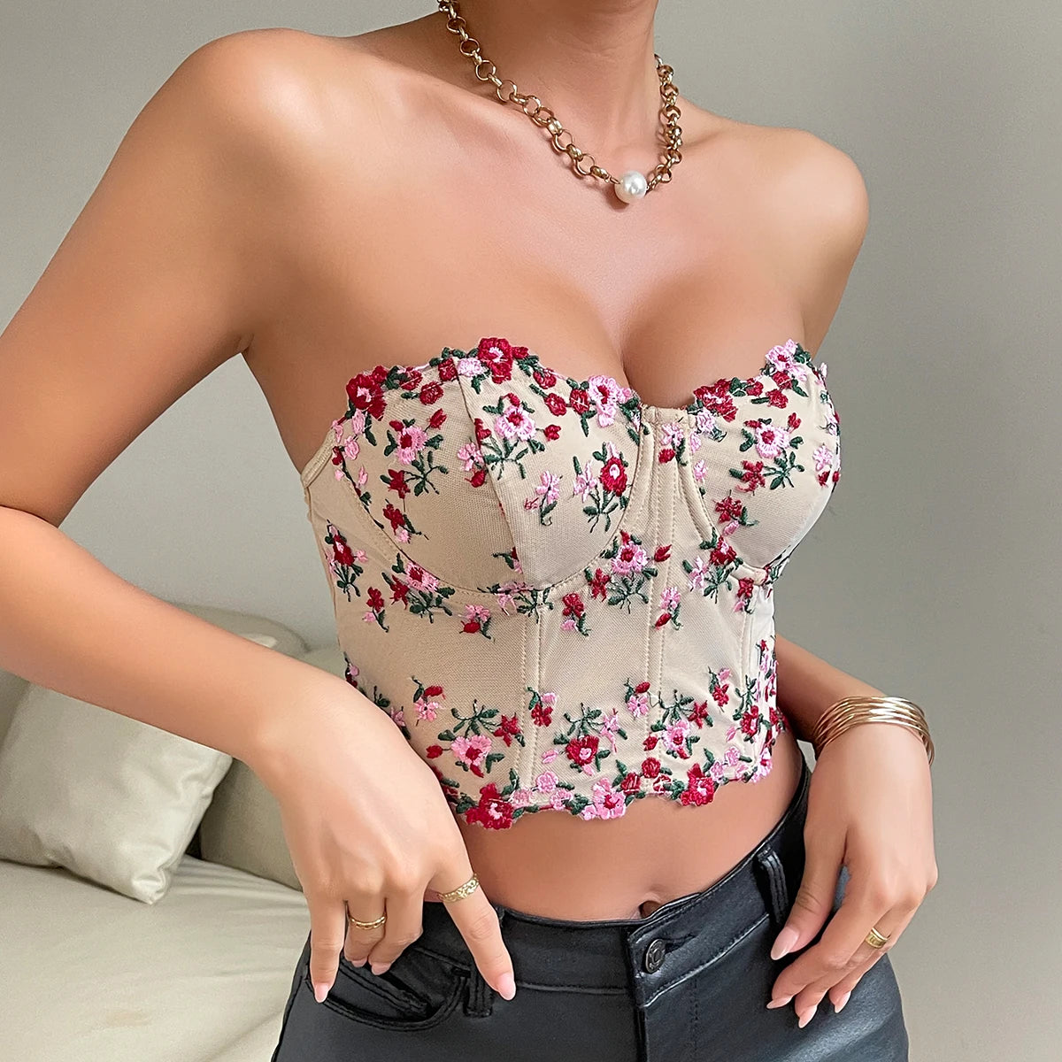 Floral Crop Top, Bare Shoulder Camisole Vest,Sexy Strapless Lace fishbone Corset Tube Top