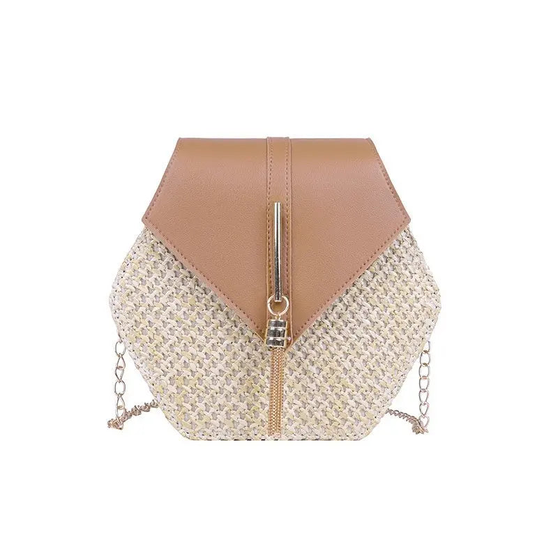 Hexagon Shape Straw PU Leather Handbag Women Summer Rattan Bag Handmade Woven Beach Bohemia Chain Strap Shoulder Crossbody Bags