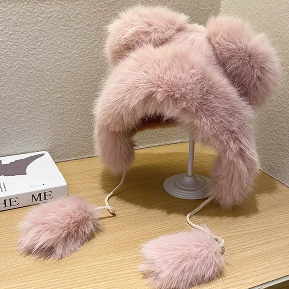 Women Cute Bear Ear Kawaii Fox Fur Hat Imitation Mink Plush Winter Warm Thickened