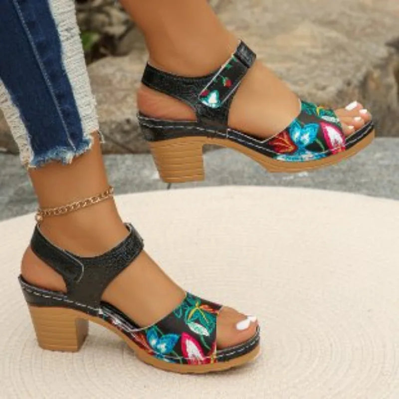 Women's Peep Toe Hihg Heel Sandals Summer Gladiator Shoes Chunky Heel Platform Women's Sandals Flower Ladies Heeled Shoes