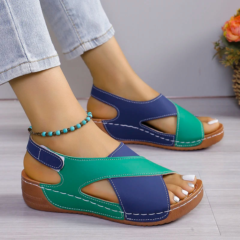 New women's contrast color sandals, pink peep toe, non-slip beach shoes, woman, comfortable platform, Roman sandals