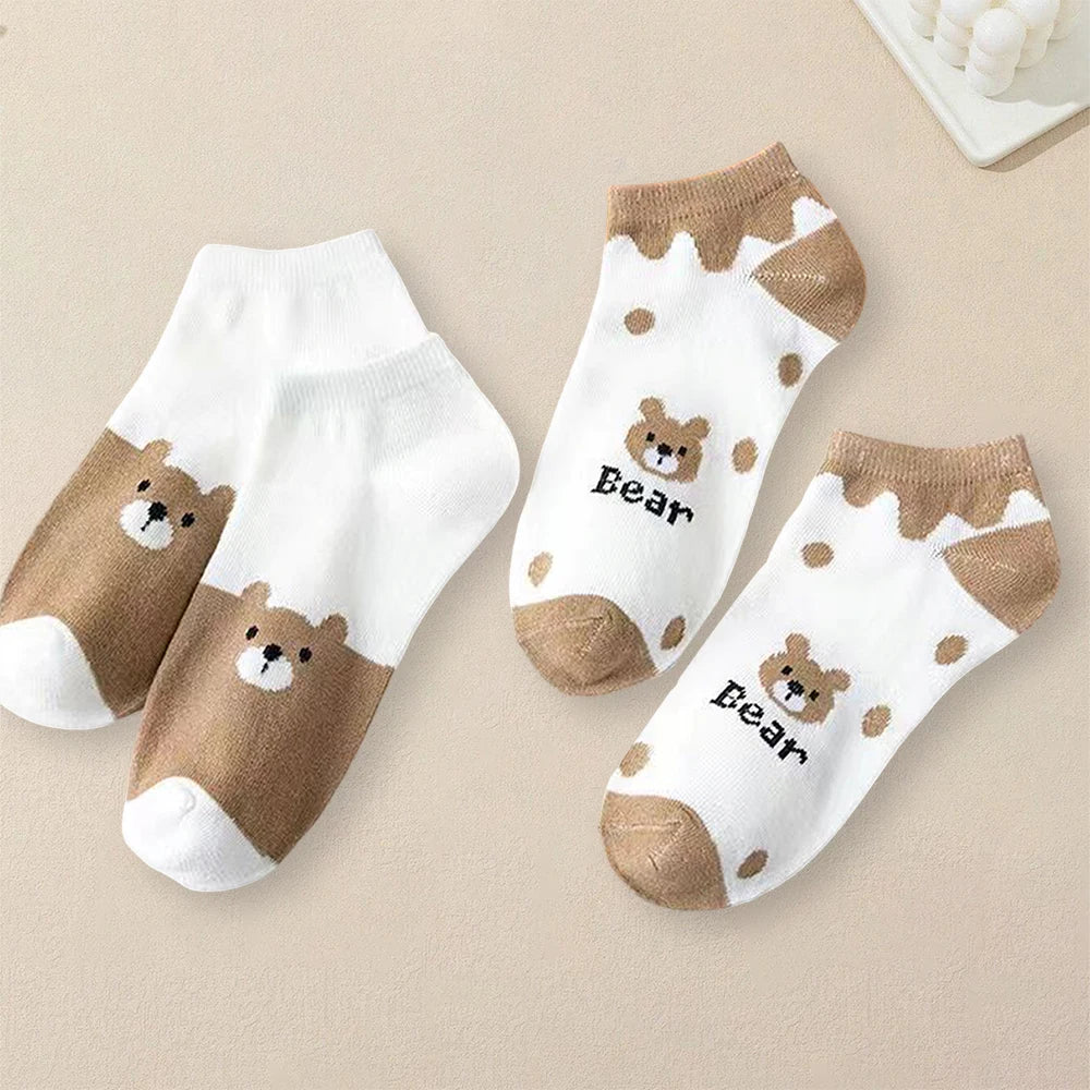 5 Pairs Women Cartoon Patterned Socks Trendy Versatile Breathable Sweat Wicking Deodorizing Antibacterial Comfortable Socks