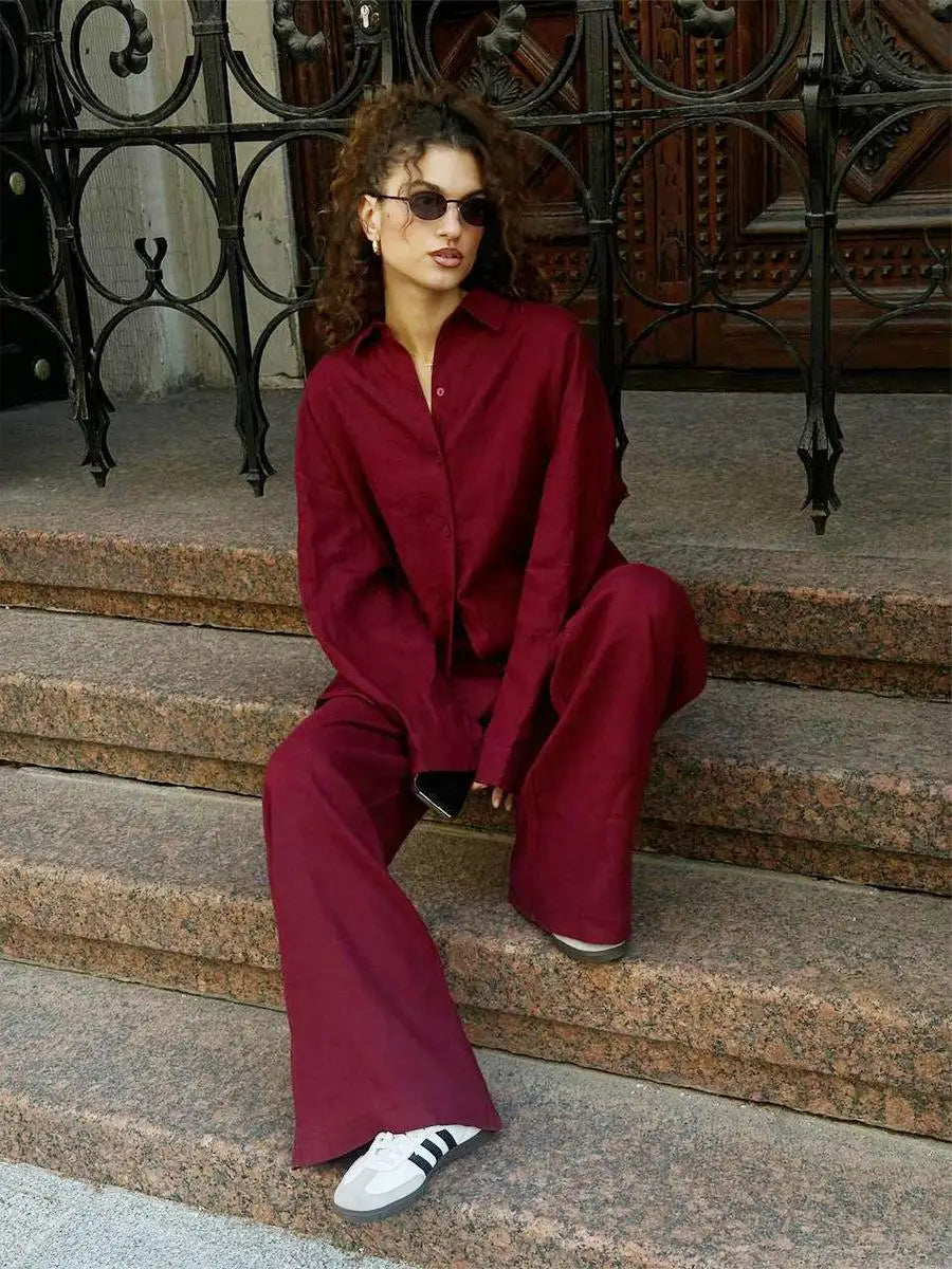 Women Casual Solid Cotton Linen Pants Sets Chic Lapel Single Breasted Long Sleeve Shirt Elasticity Waist Trousers New Two Piece Set