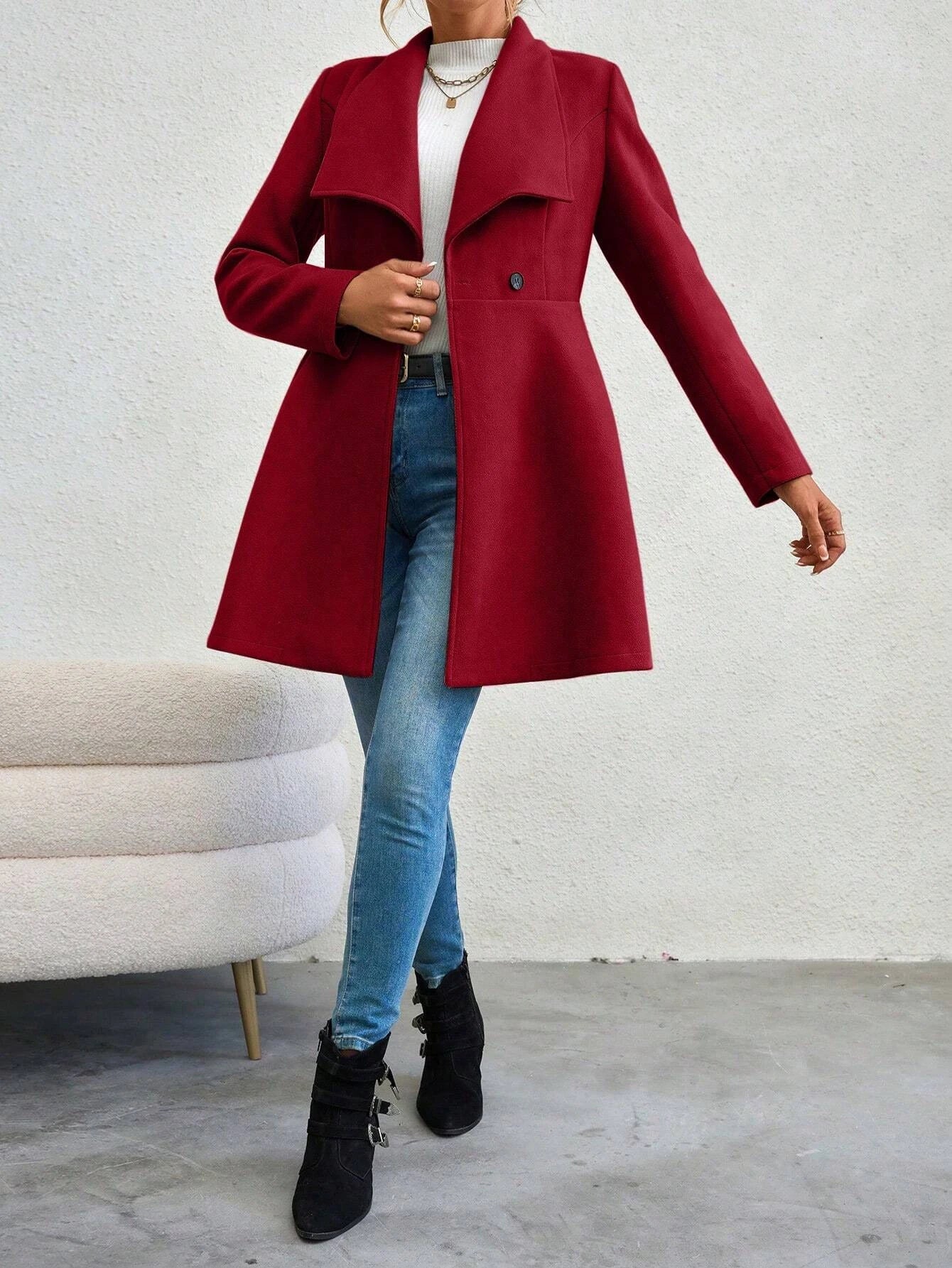 Women's Coats Winter Solid Color Long Sleeve Lapel Button-Up Work