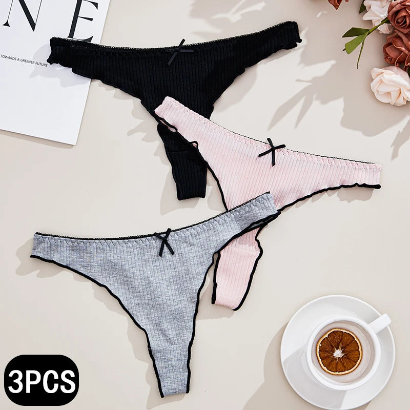 3Pcs Ribbed Cotton Thong Panties Women's Sexy Low Rise G-String Lingerie Cute Bow Underwear Set Breathable Comfort Solid Color