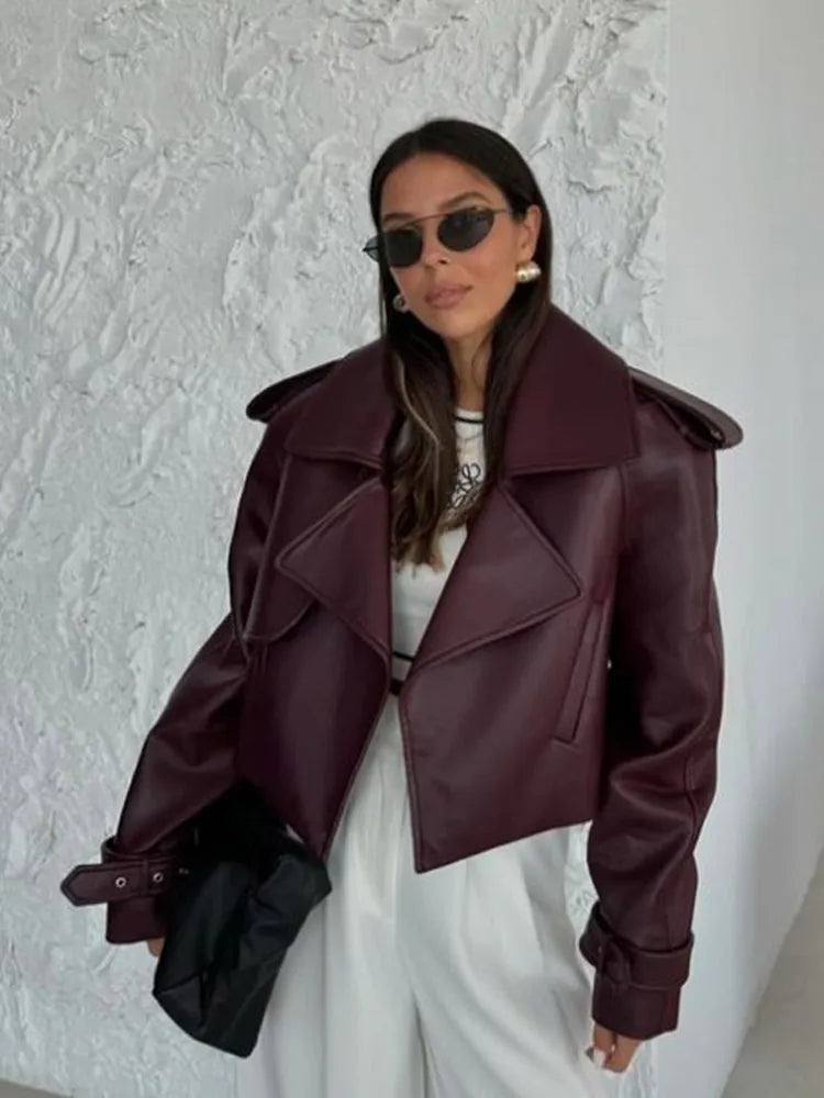 New Women Burgundy Lapel Leather Jackets Fashion Casual Loose Pockets Long Sleeve Coats Spring Female High Street Outerwear