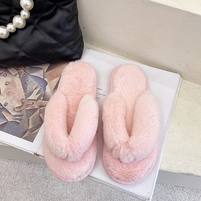 Winter Women House Slippers Faux Fur Warm Flat Shoes Female Slip Home Ladies Slippers Size 36-43