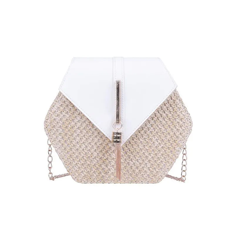 Hexagon Shape Straw PU Leather Handbag Women Summer Rattan Bag Handmade Woven Beach Bohemia Chain Strap Shoulder Crossbody Bags