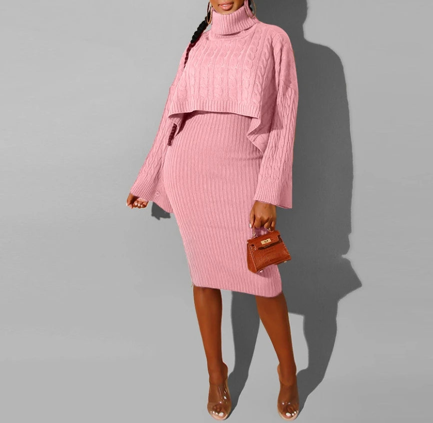 Women's Sweater Dress Set Autumn Winter New 2025 Solid Turtleneck Ribbed Sweater & Knitted Strap Dress Sets Matching Outfit