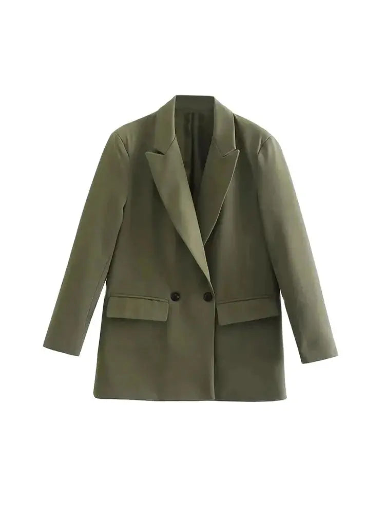 Women Fashion Double Breasted Loose Fitting Blazer Coat Vintage Long Sleeve Pockets Female Outerwear Chic