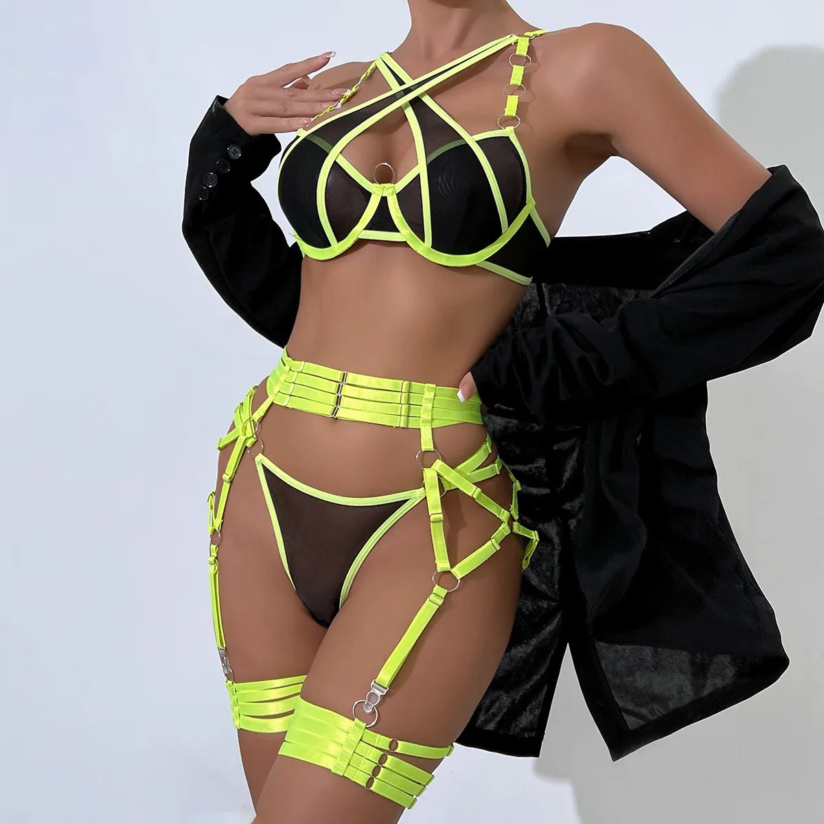 Sexy Neon Green Patchwork Lace Garter Lingerie Set Women Intimates Underwire Bra and Thongs Ladies Underwear Erotic Sets
