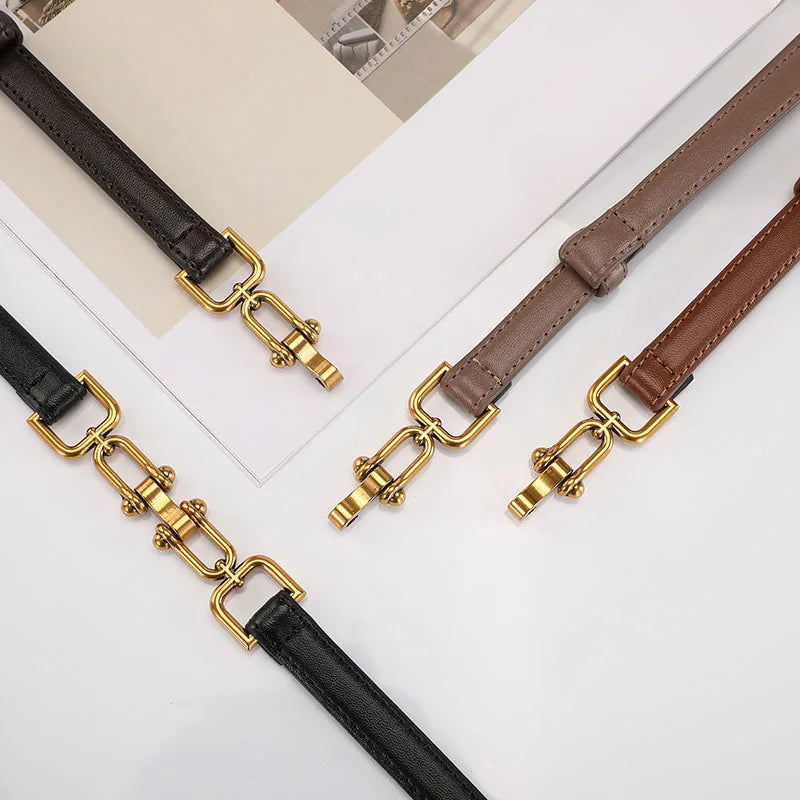 Genuine Leather Belts for Women Slim Waist Belt Patent Leather with Gold Buckle for Dress Adjustable Woman Luxury Belt