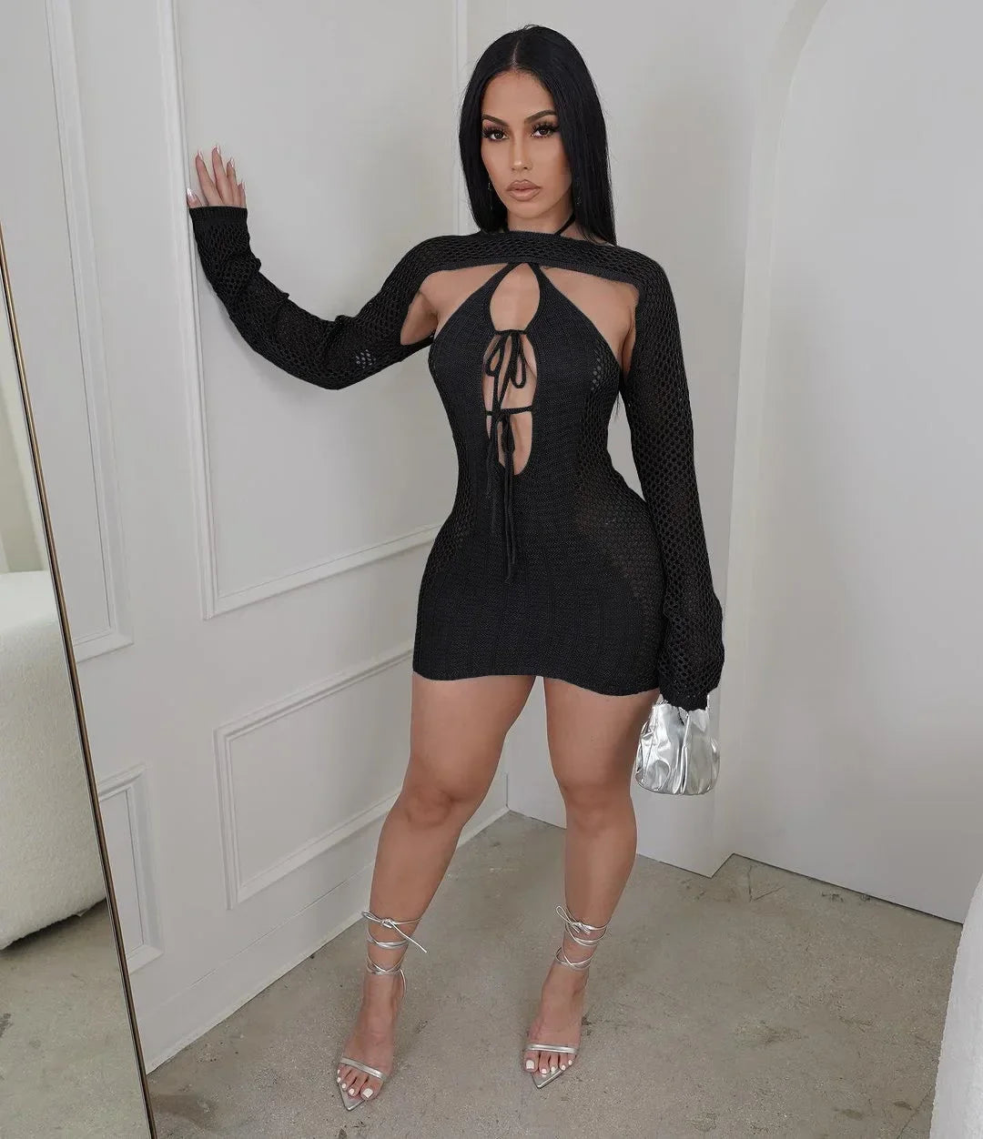 Women Halter Crochet Dress Two Piece Set Halter Neck Tied Dress with Cover Up