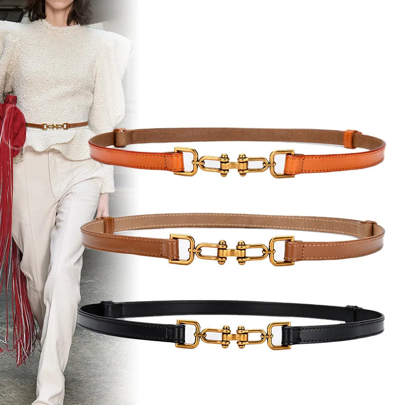 Genuine Leather Belts for Women Slim Waist Belt Patent Leather with Gold Buckle for Dress Adjustable Woman Luxury Belt