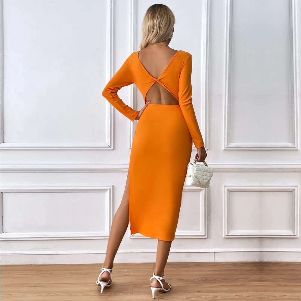 New Women's Sexy Backless Slim Temperament Long-sleeved Dress