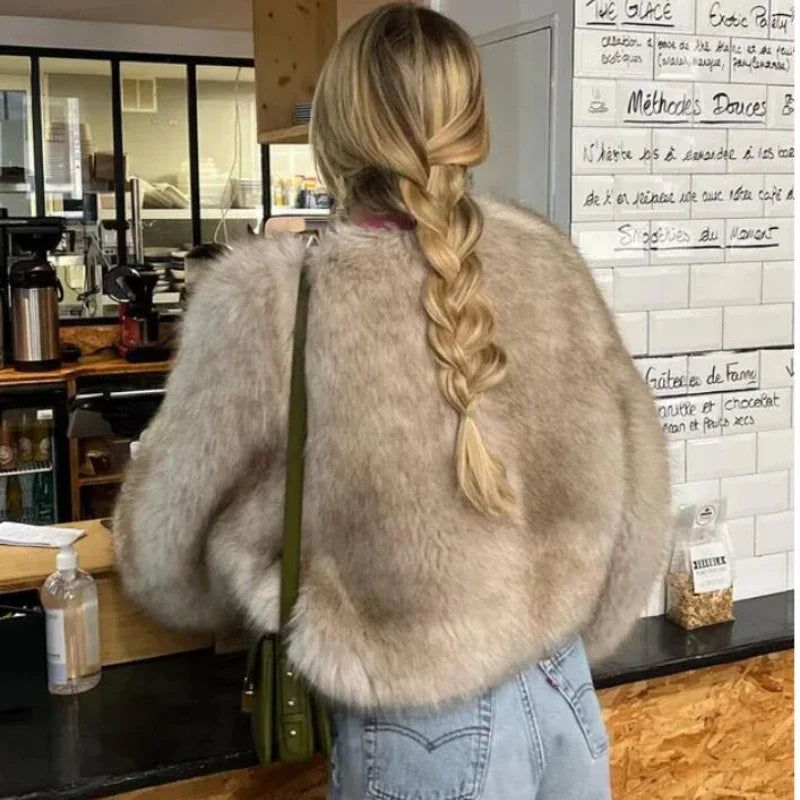 Women Warm Furry Long Sleeve Loose V Neck Female Outerwear Autumn Winter Fashion Street All Match Lady Overcoat