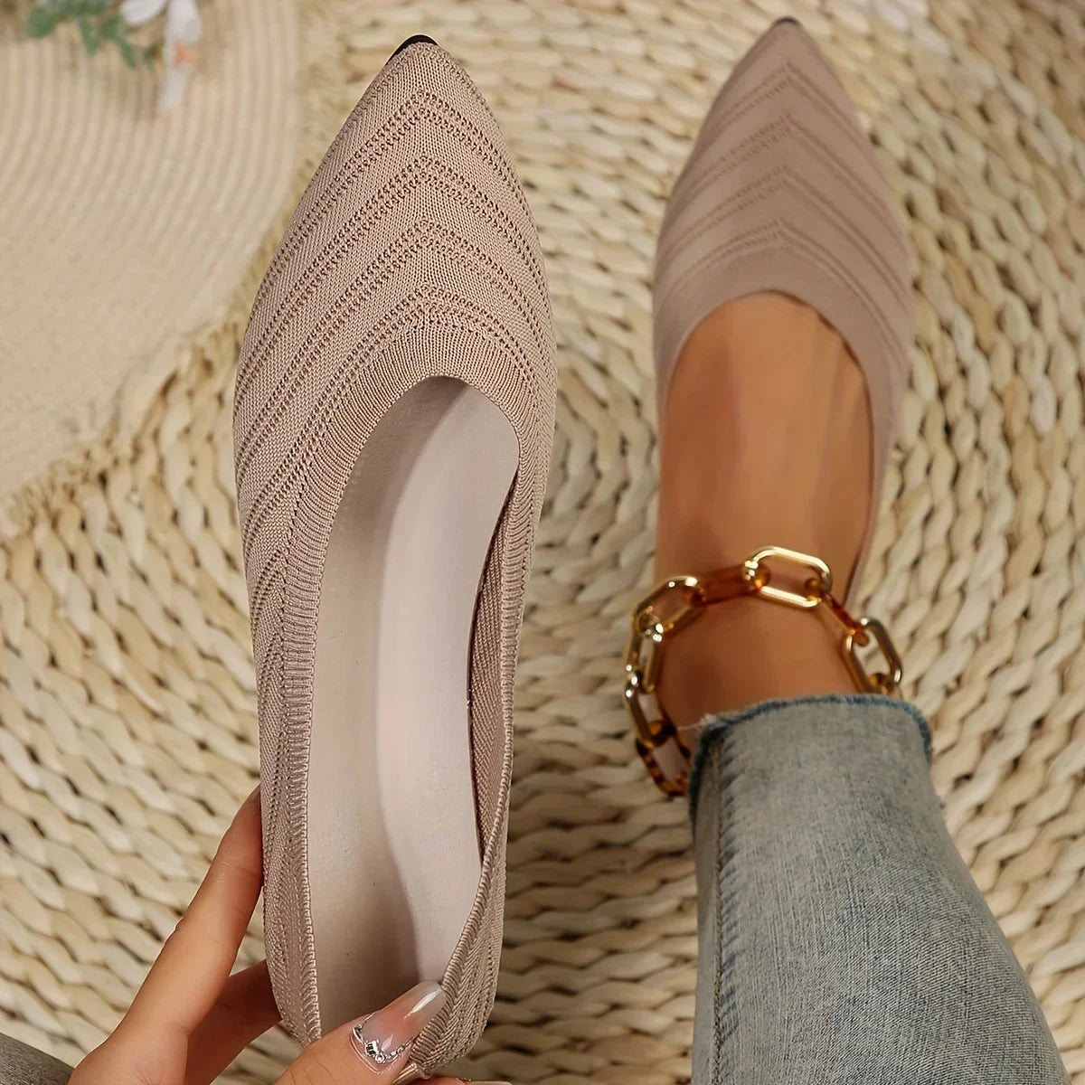 New Open Shoe Flat Office Boot Solid Color Knitted Slip On Shoes Casual Ballet Flats Shoes Women