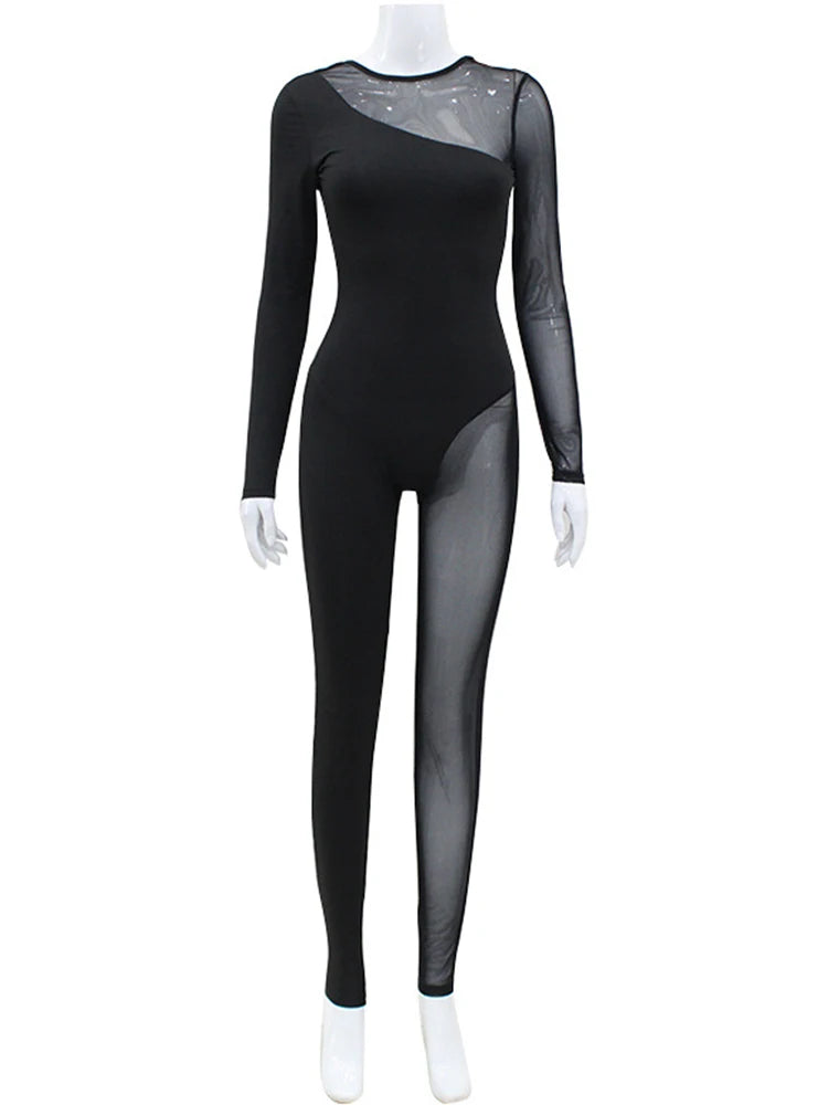 Sibybo Mesh Splicing Jumpsuit Women Sexys Asymmetric Hollow Long Sleeve Damen Jumpsuits Street Style Bodycon Casual One Peices