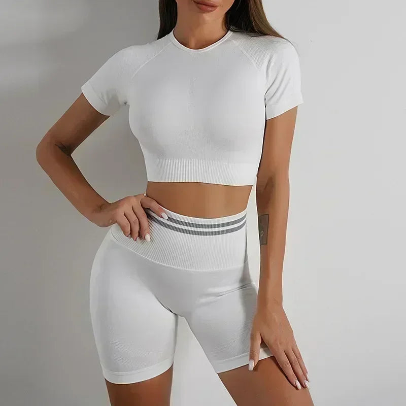 Seamless Yoga Sets Sports Fitness High Waist Hip Raise Pants Long-Sleeved Backless Suit Workout Clothes Gym Shorts Set for Women