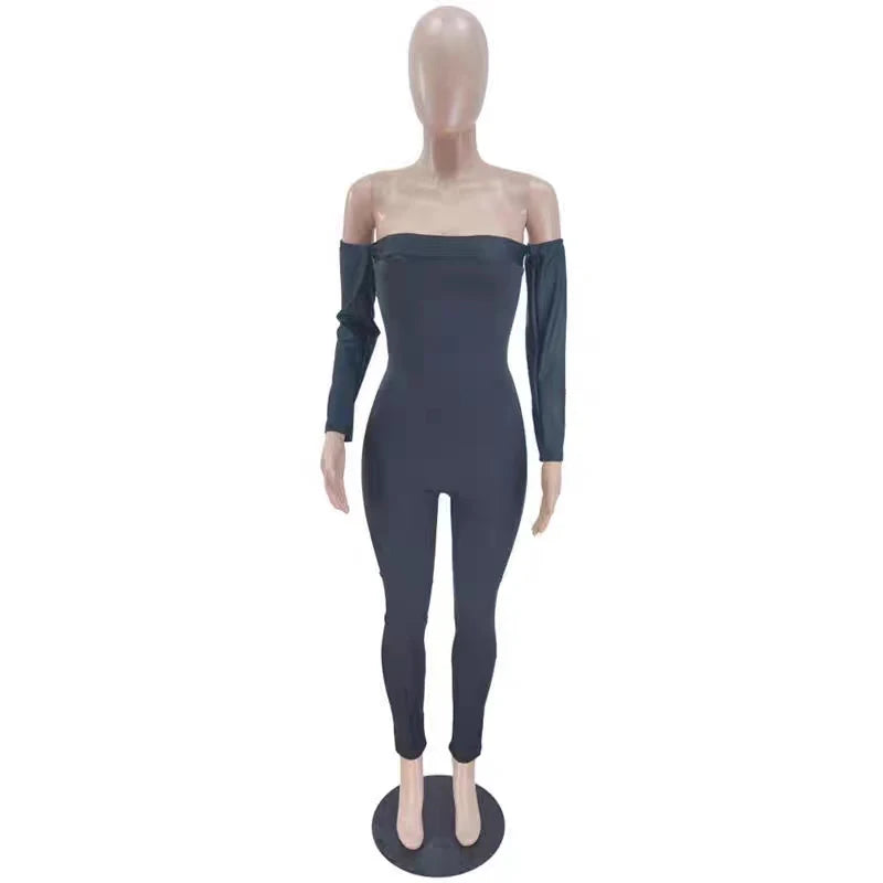 Women's Fashion Bodycon Tight Fitting Jumpsuit Backless Long Sleeve Off Shoulder Autumn Winter One Piece Casual Outfit Ladies